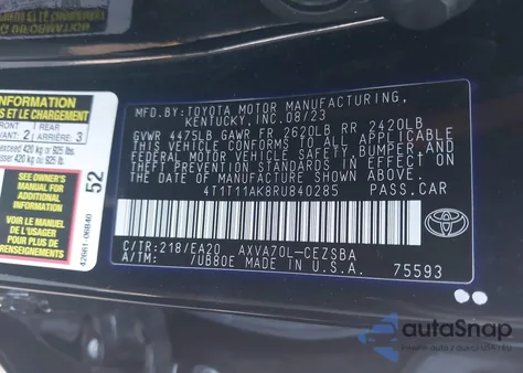 2024 Toyota Camry Se from USA, damaged, VIN 4T1T11AK8RU840285